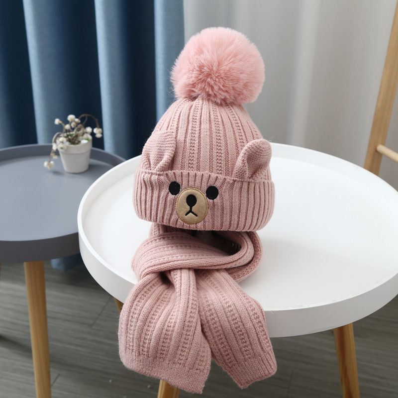 Children's Hat Scarf Set Men's and Women's Baby Wool Cap Fleece-Lined Warm Toddler Slipover Knitted Hat Korean Cute