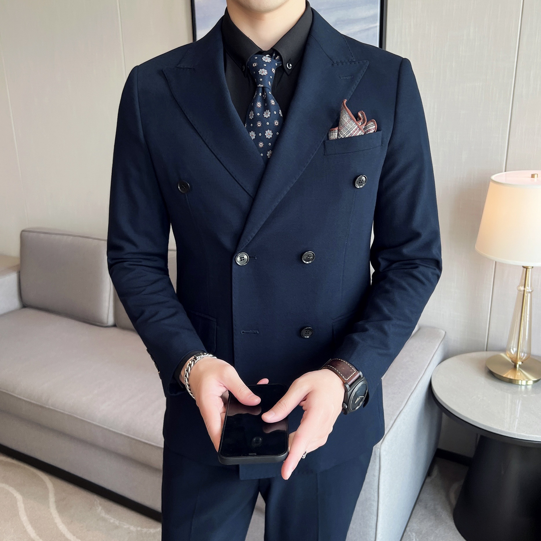 套外贸四季新款商务修身条纹西服三件套男韩版青年发型师正装西装