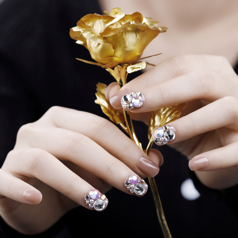 加工穿戴美甲裸色系香槟满钻假指甲贴钻美甲贴片成品24片