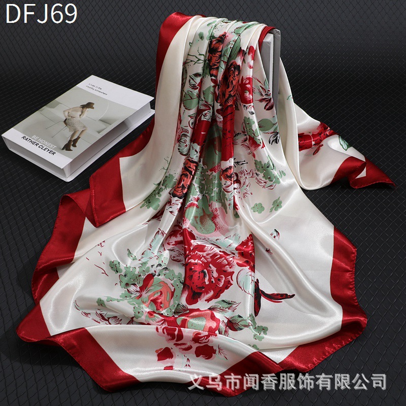 90cm Large Kerchief Women's Satin Satin Satin Emulation Silk Scarf Printed Headcloth Warm Decorative Scarf for Middle-Aged and Elderly People