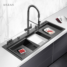 阿萨斯阶梯式水槽黑色纳米手工加厚304不锈钢厨房洗菜盆超大单槽