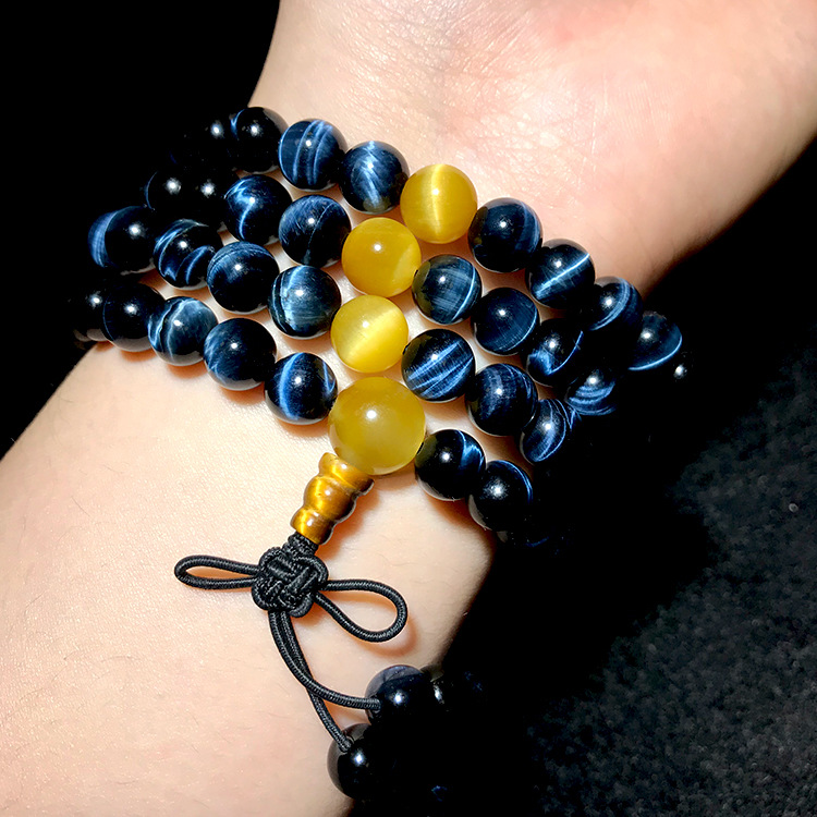 代发蓝虎眼石经典男女款108颗佛珠手链猫眼石鹰眼石虎睛石手串批