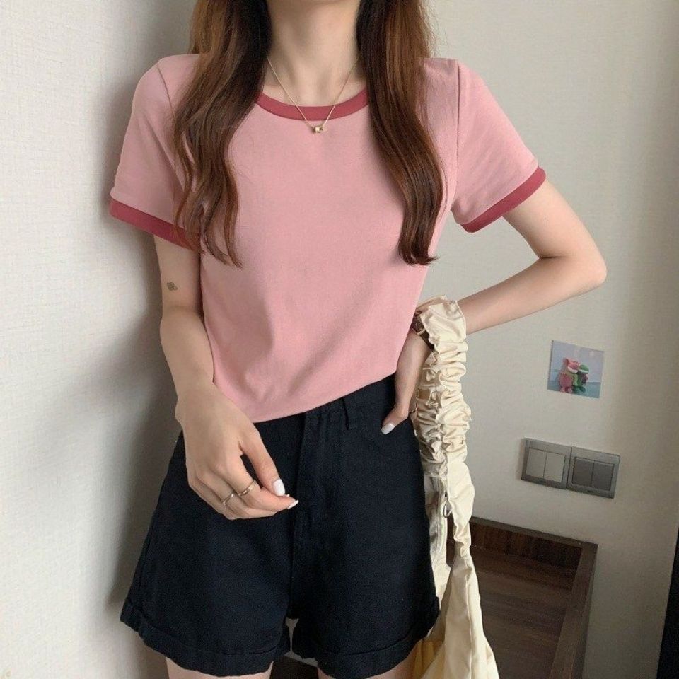 2023 Contrast Color round Neck Short-Sleeved T-shirt Women's Summer Bottoming Shirt Korean Style Slim-Fitting Short T-shirt Female Students Foreign Trade Wholesale