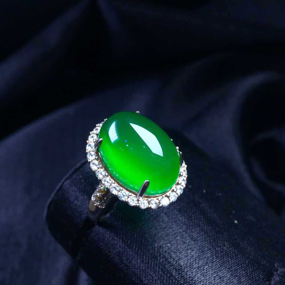 高端珠宝大蛋面戒指活口可调节冰阳绿翠色高冰豪华款式气质指环