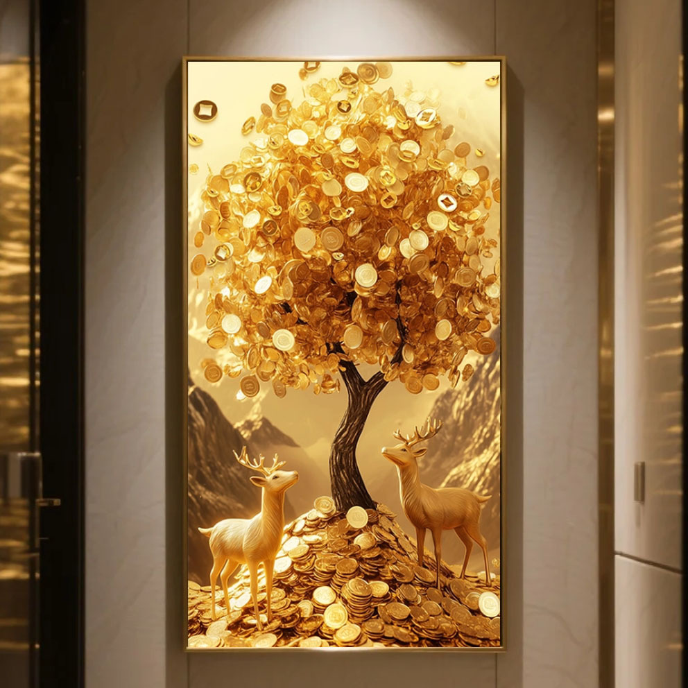 轻奢发财树玄关装饰画黄金万两走廊壁画灯招财鹿入户门正对墙挂画