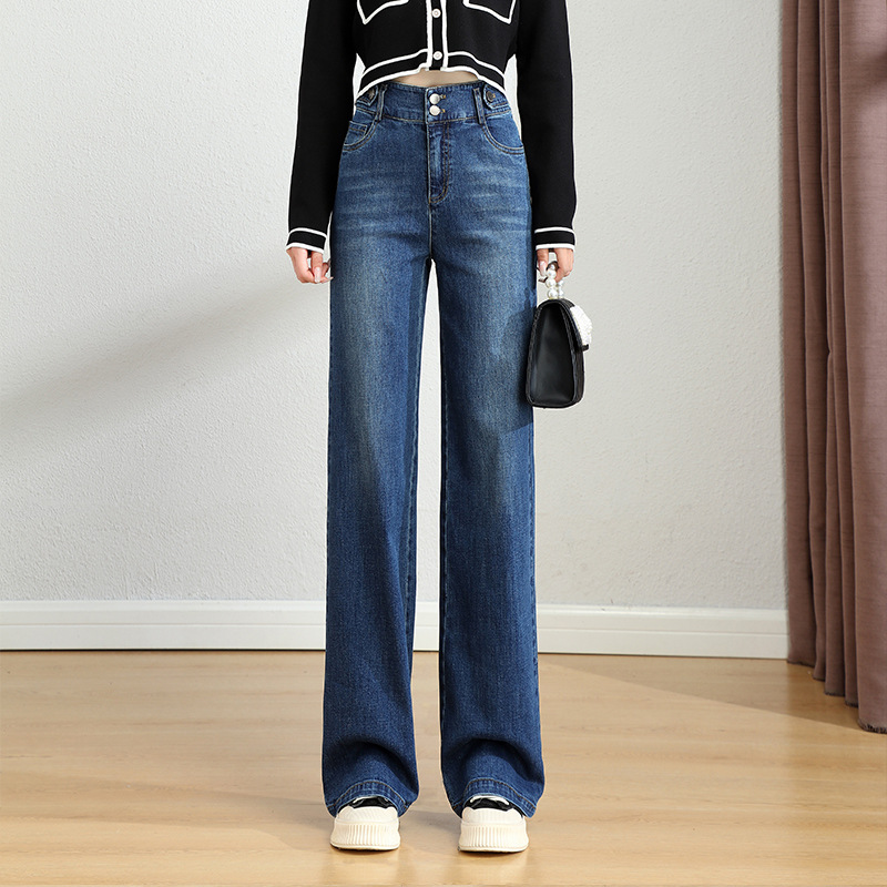 水洗蓝女式牛仔裤女春秋新款高腰直筒阔腿裤气质显高显瘦女裤包邮