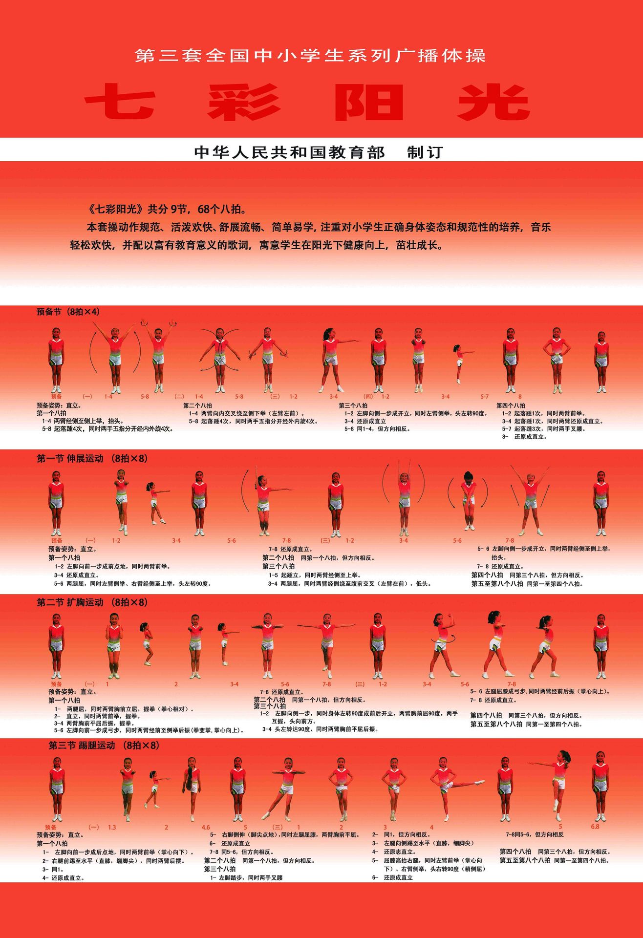 第三套中小学生广播体操挂图舞动青春 七彩阳光学生挂图图解