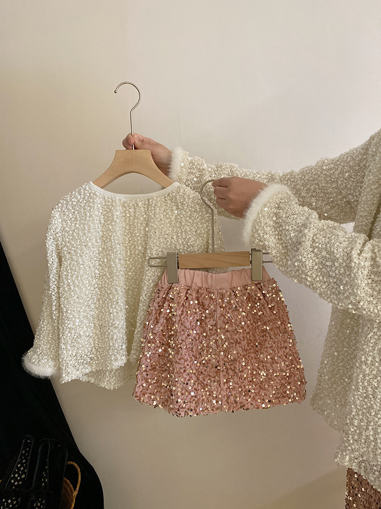 Cream New Chinese Style Children's Clothing 2024 Spring Clothes Baby Girl Sweet Sequined Top Versatile Skirt Two-Piece Set Girl