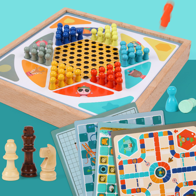 大号榉木多功能木制棋 飞行棋益智儿童桌面游戏棋类玩具厂家直销