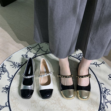 小香风低跟法式银色玛丽珍单鞋女鞋子2024年新款秋夏季拼色小皮鞋
