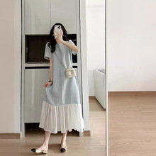 韩国2024年夏季新款法式高级感小香风拼接圆领短袖宽松长款连衣裙