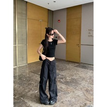 跨境美式辣妹套装女黑色短袖露脐T恤夏季工装裤休闲裤两件套