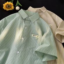 条纹衬衫短袖男夏季日系复古美式潮牌贴标宽松大码休闲五分袖衬衣