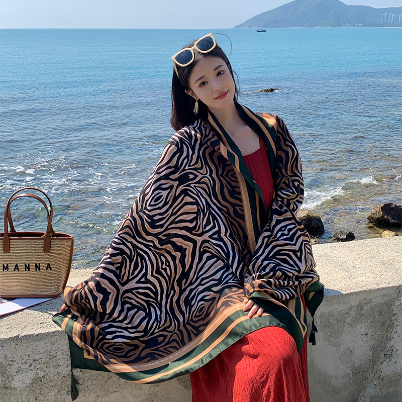 Korean Style Khaki Zebra Striped Spring and Summer Imitation Cotton and Linen Feel Silk Scarf Women's Outer Shawl Travel Sun Protection Windproof