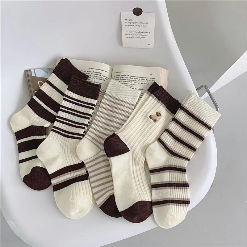 Women‘s Socks Autumn and Winter Women‘s Embroidered Tube Socks Breathable Women‘s Socks Ins Style Striped Casual Women‘s Socks