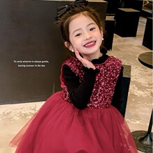 女童加绒背心裙2023冬装新款童装加厚公主裙中国红儿童气质拜年服