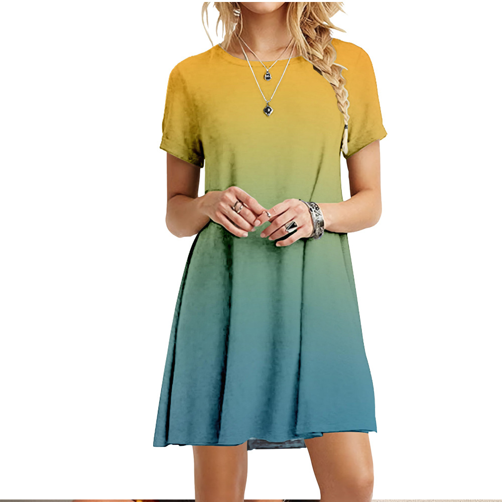 跨境夏季女裙都市舒适短袖连衣裙双色渐变图案印花宽松休闲小摆裙