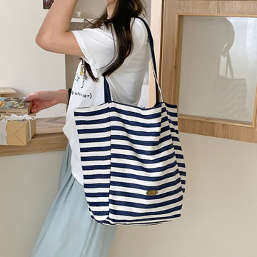 条纹帆布包包2024新款韩风ins托特休闲包单肩大容量托特包购物袋