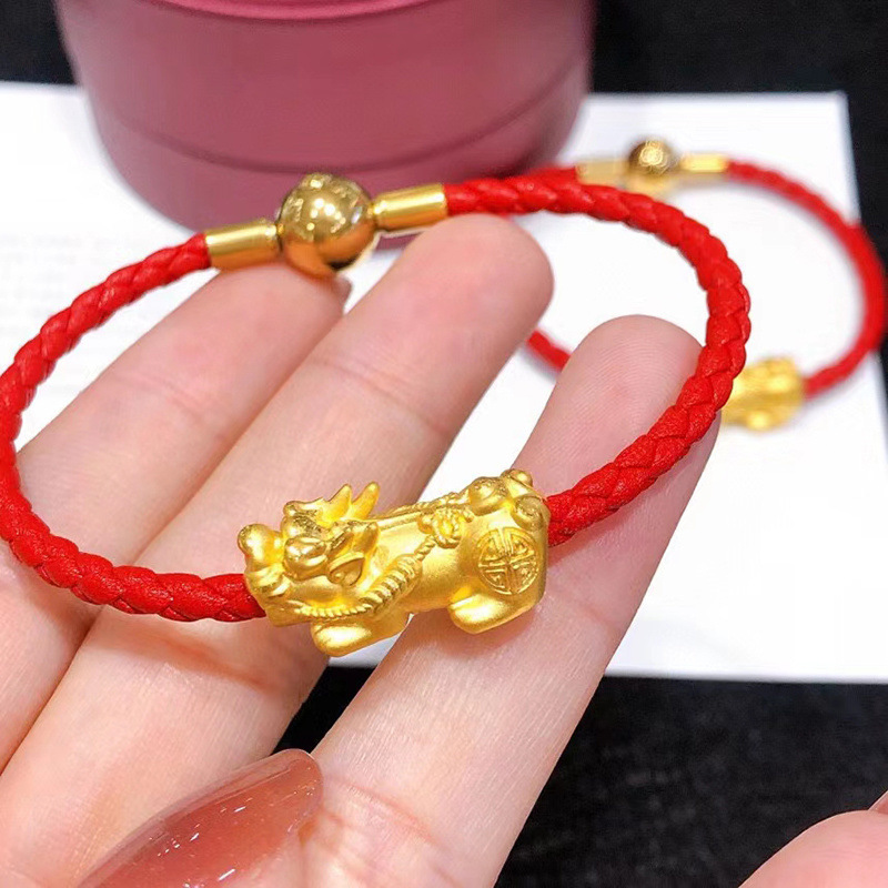 黄金貔貅手串999足金麒麟转运珠3d硬金男女情侣款皮绳手链送