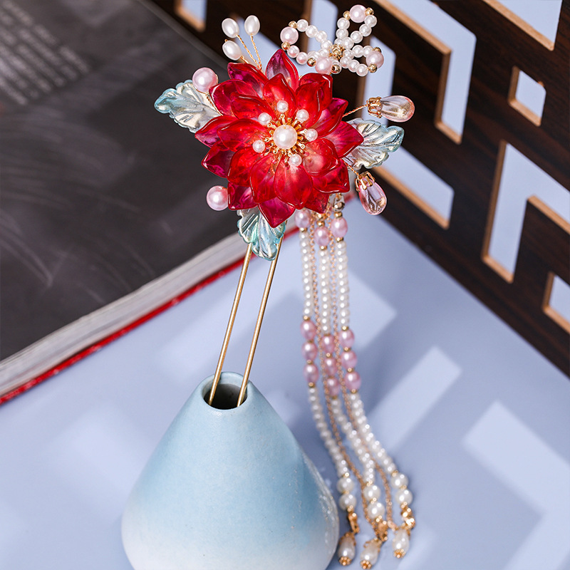 古风小众发簪头饰红色步摇流苏簪子发饰出游汉服盘发点缀侧边发钗