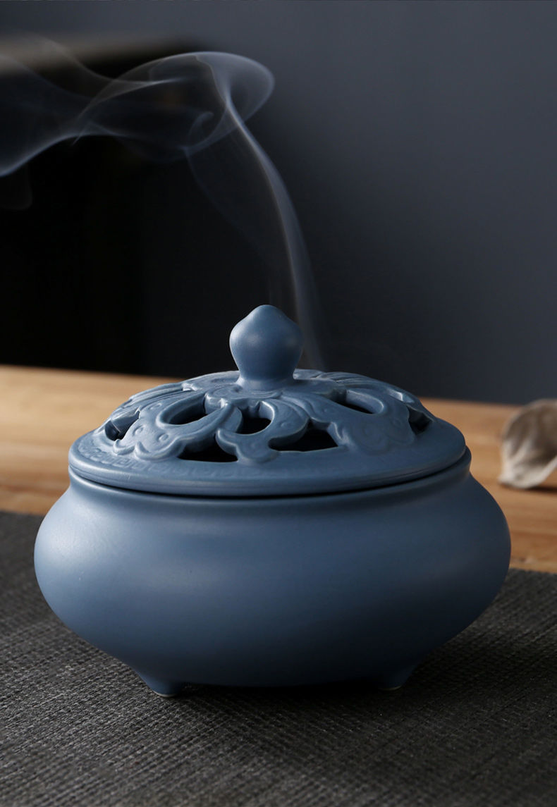 复古盘香炉禅意陶瓷莲花佛教用品摆件 檀香炉 家用仿古狮子香薰炉