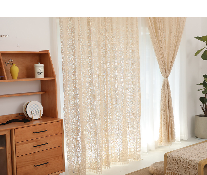 复古田园乡村蕾丝棉线格子素色镂空窗帘落地半隔阳帘装饰帘背景布