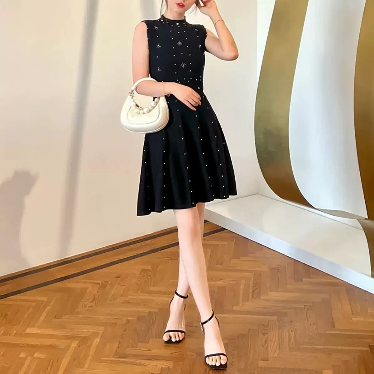 ALU 名媛气质款无袖针织连衣裙女收腰露背钉珠礼服短裙重工背心裙