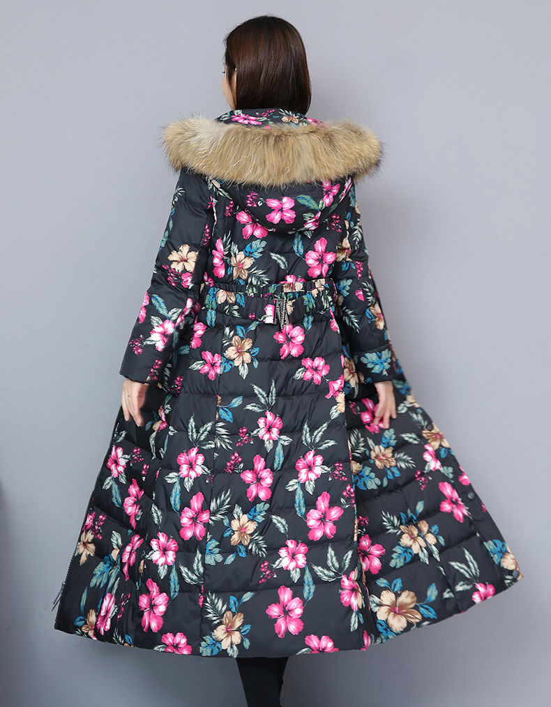 花色羽绒服女2018新款中长款加长过膝时尚加厚显瘦修身白鸭绒冬季