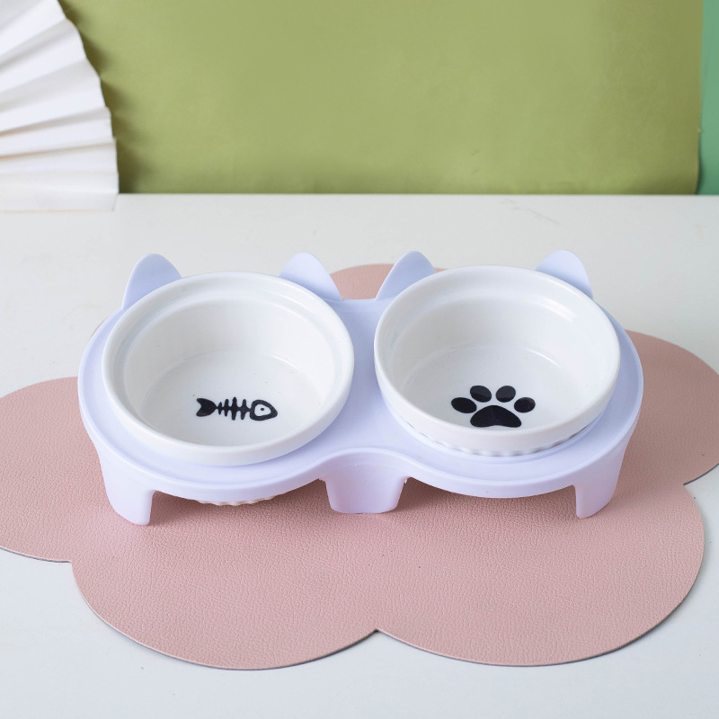 Cat Bowl Ceramic Double Bowl Water Bowl Protective Cervical Spine High Foot Oblique Cat Food Bowl Drinking Bowl Pet Bowl Pet Supplies