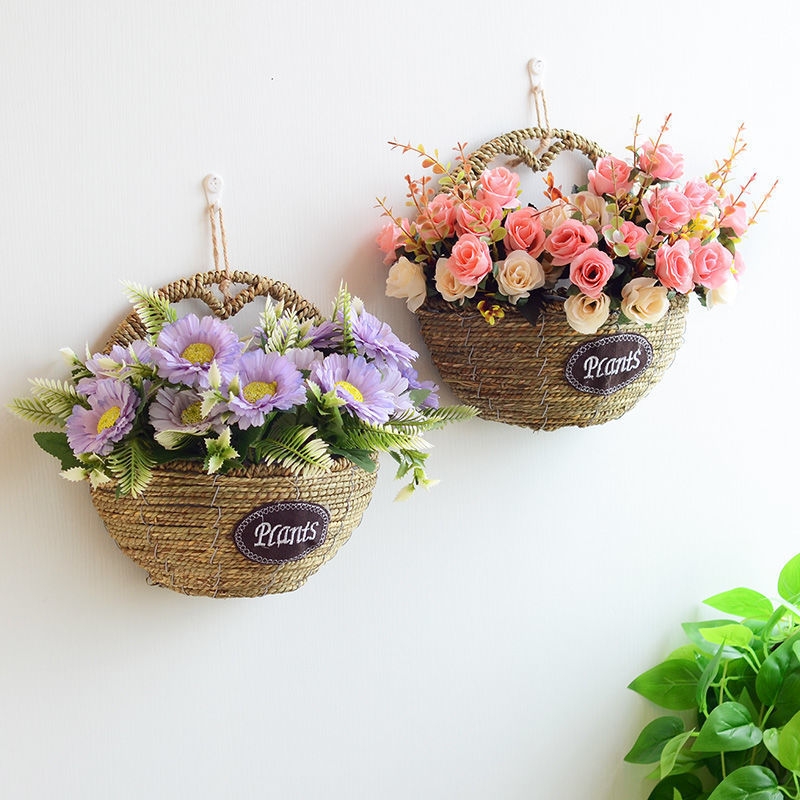 花篮挂墙花篮壁挂花盆藤编篮子编织装饰挂壁花盆客厅吊篮假花盆