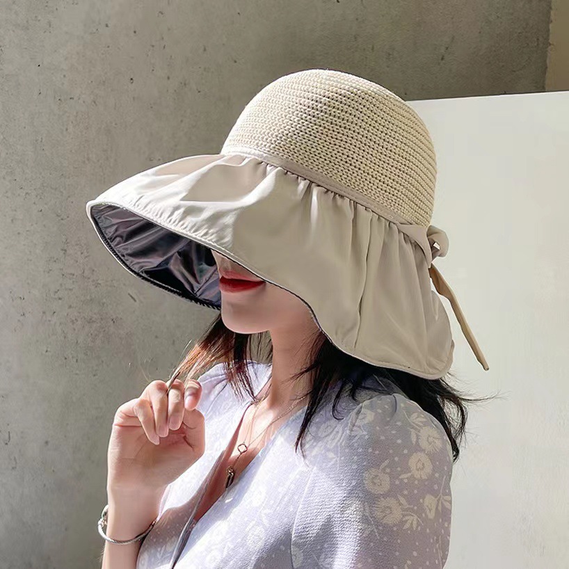 Sun Hat Female Summer Vinyl Bucket Hat Hollow-out Straw Hat Sun Protection Leisure Big Brim Face-Covering Sun Beach Hat Children