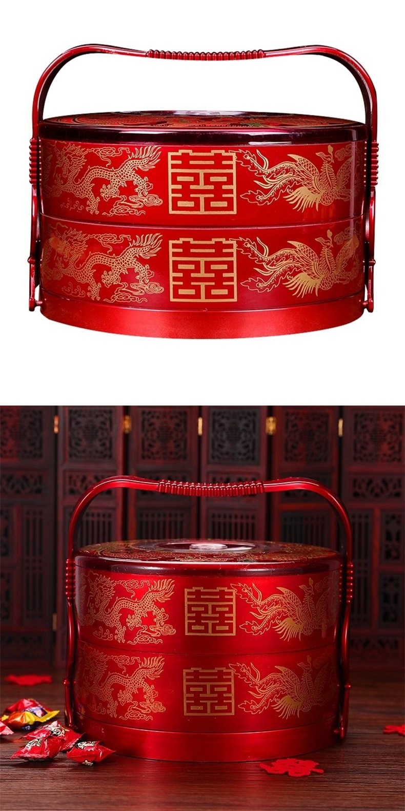 食盒提篮子婚庆饭店圆形点心送餐复古陪嫁双层手提盒子糕点食盒