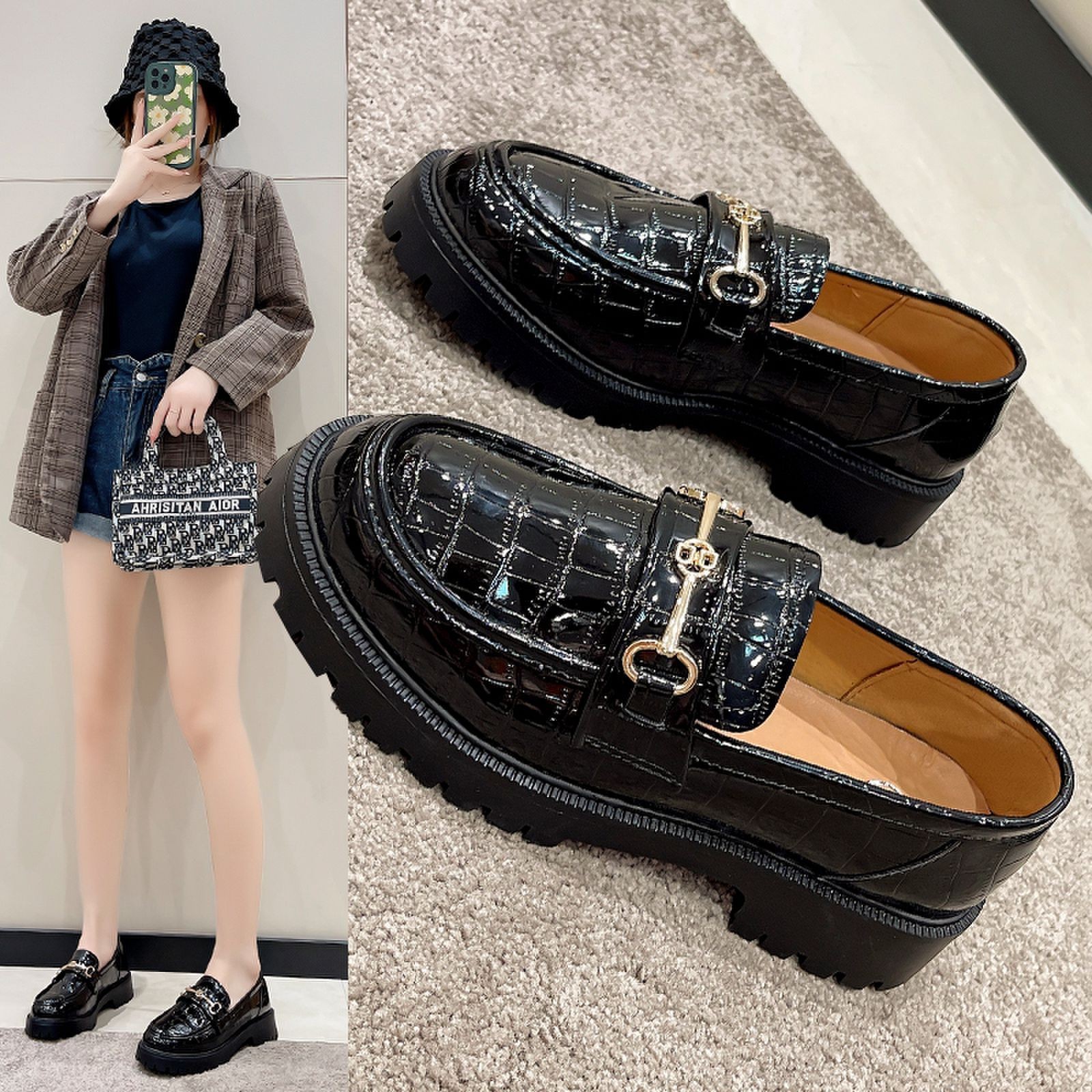 网红鞋真皮女鞋春季2021新款粗跟时装休闲单鞋子女厚底运动小皮鞋