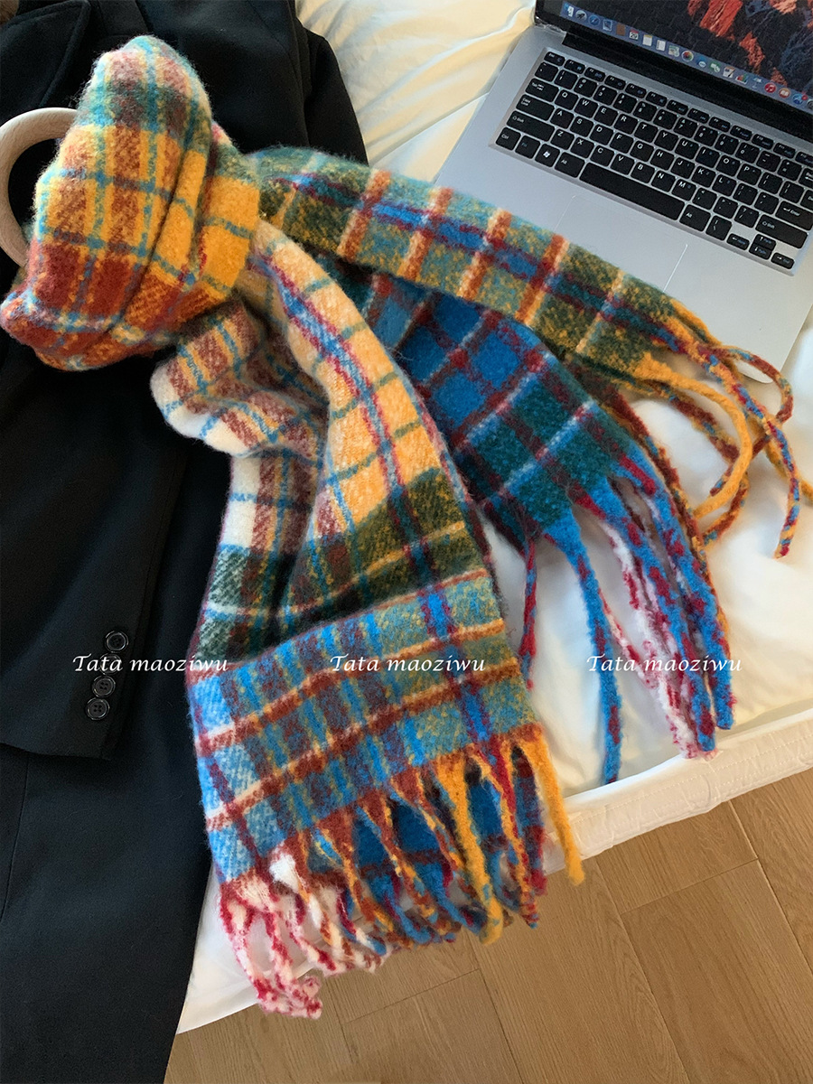 rainbow plaid scarf women‘s winter cashmere ins versatile color matching tassel mohair shawl thickened scarf