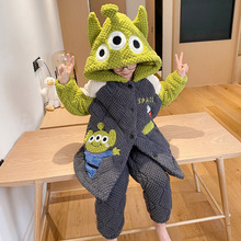 儿童睡衣女三层夹棉珊瑚绒加厚连帽长款睡袍冬季法兰绒家居服套装