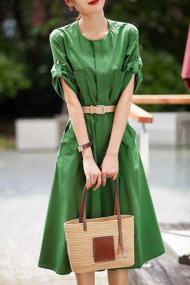 通勤圆领显白时髦绿色连衣裙女装2021夏季新款收腰显瘦衬衫连衣裙