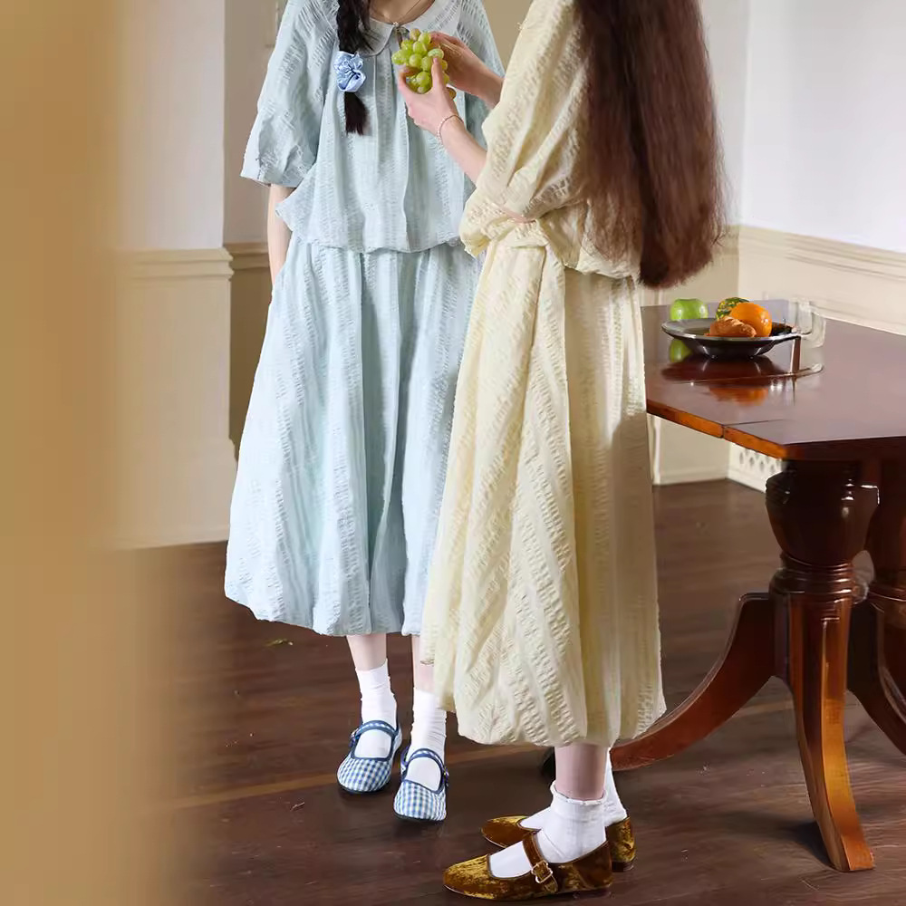 叙旧oldtimes泡泡绉肌理条纹法式气质彼得潘领短袖衬衫女夏 c2133