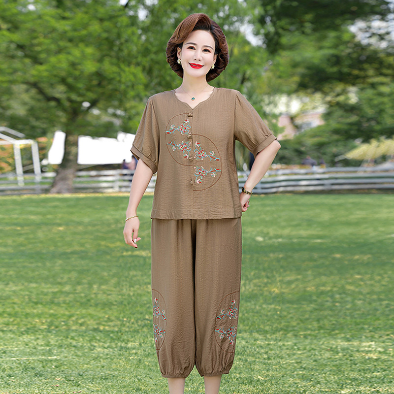 中年妈妈夏装新款短袖洋气套装50岁中老年女装夏季上衣棉麻两件套