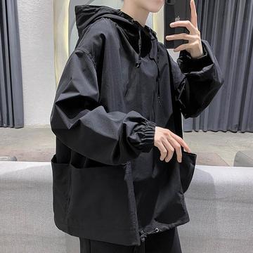 网红t恤秋季暗黑系男士卫衣纯色薄款韩版宽松上衣男连帽机能外套