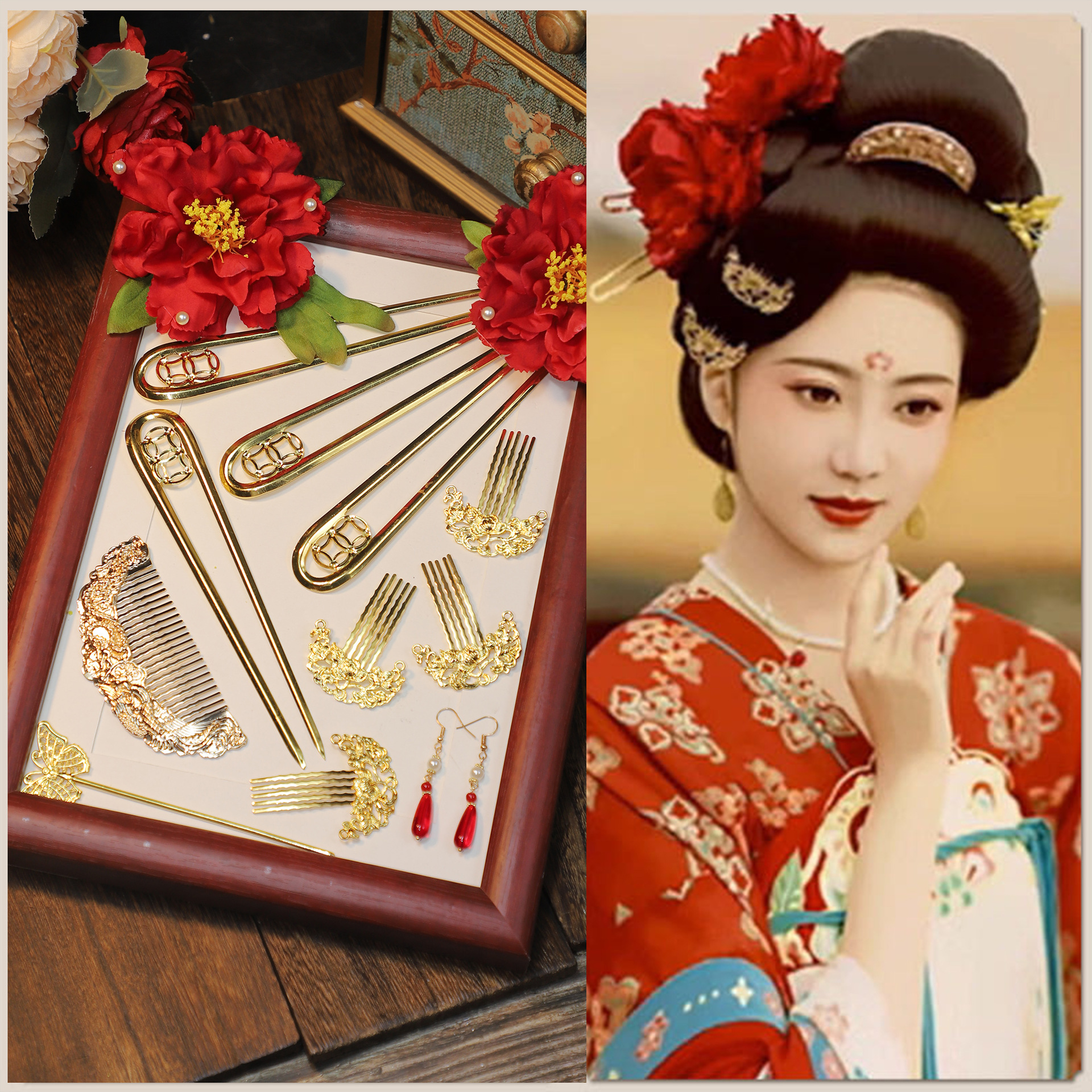 百搭红色古风手工绢纱花发簪汉服花嫁唐风烫花发饰中国风烫花发钗