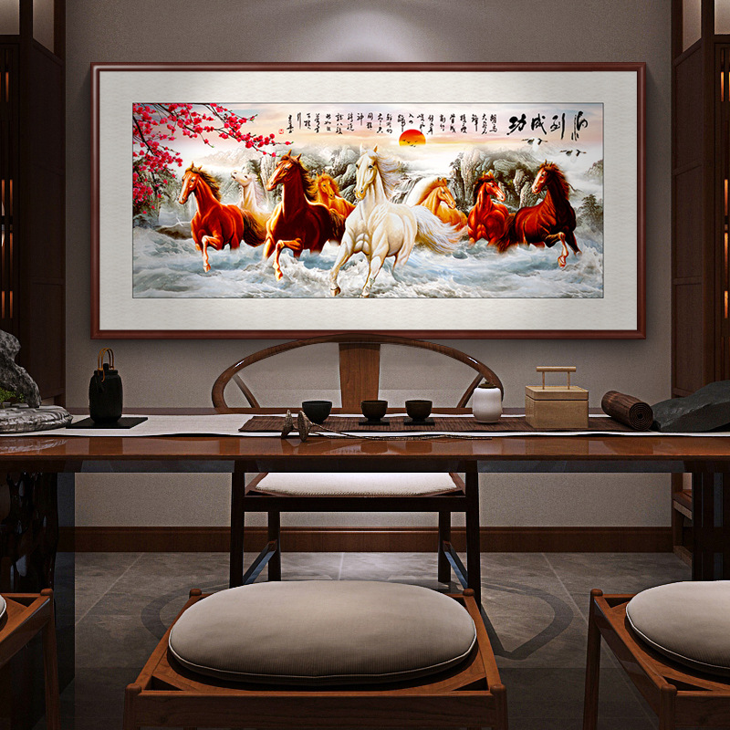 八骏图墙壁画客厅挂画办公室背景山水画马到成功装饰画八匹骏马图