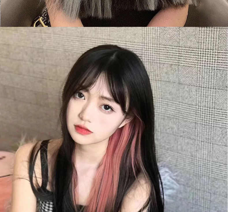 挂耳染假发片一片式lisa同款假发片彩色化纤挑染长发网红隐形接发