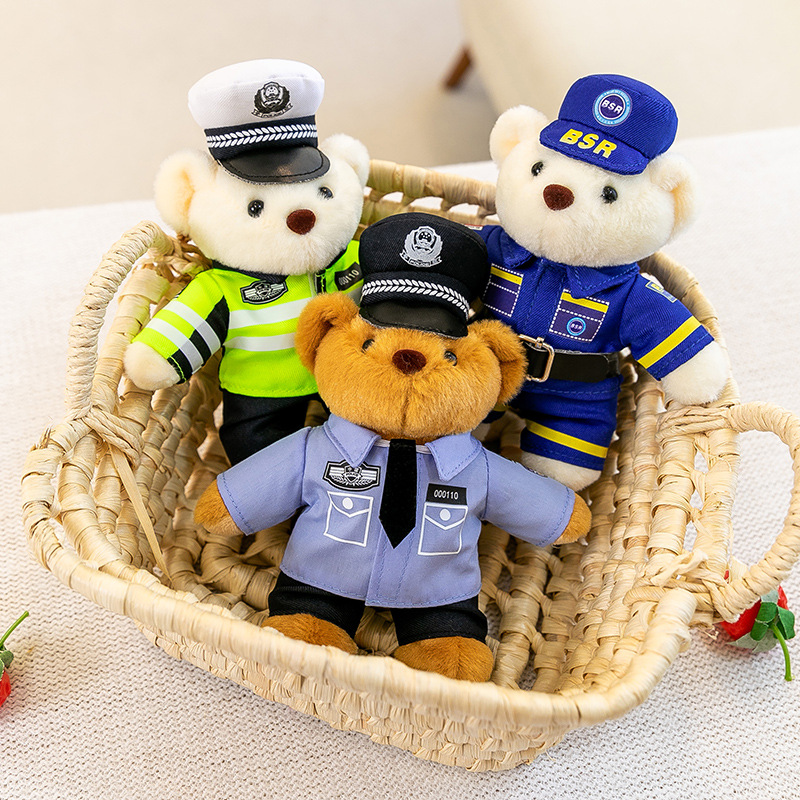 18厘米警察小熊公仔制服小熊蓝天救援小熊毛绒玩具卡通背包挂件批