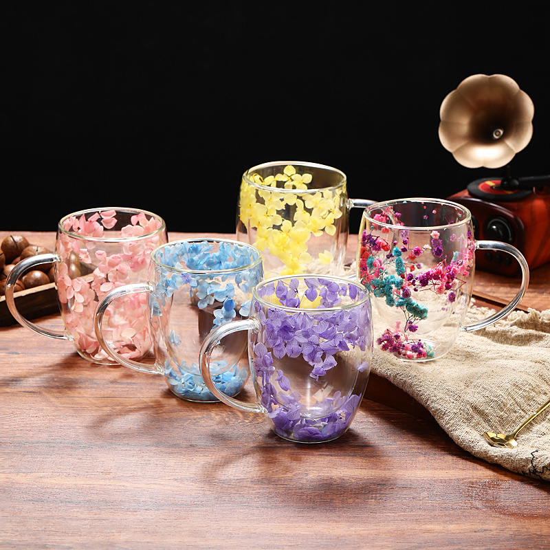 New Internet Celebrity Petals Quicksand Cup High-Looking Cross-Border Real Flower Double Layer Glass Cup Creative High Borosilicate Glasses