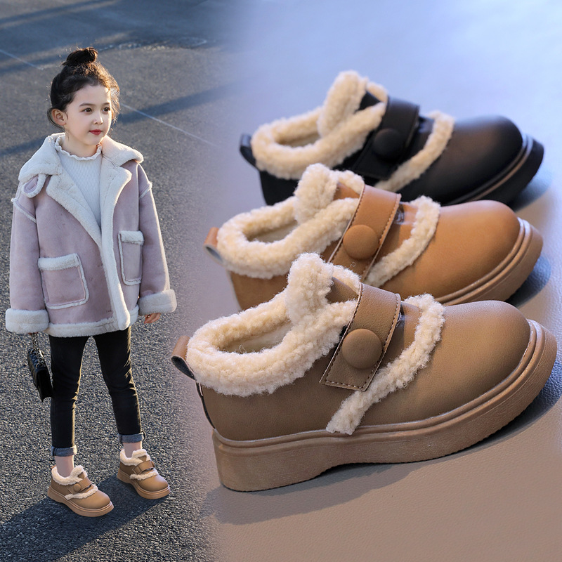 girls‘ cute velcro cotton-padded shoes 2023 winter new retro beanie shoes fleece-lined thickened medium and big children fluffy shoes