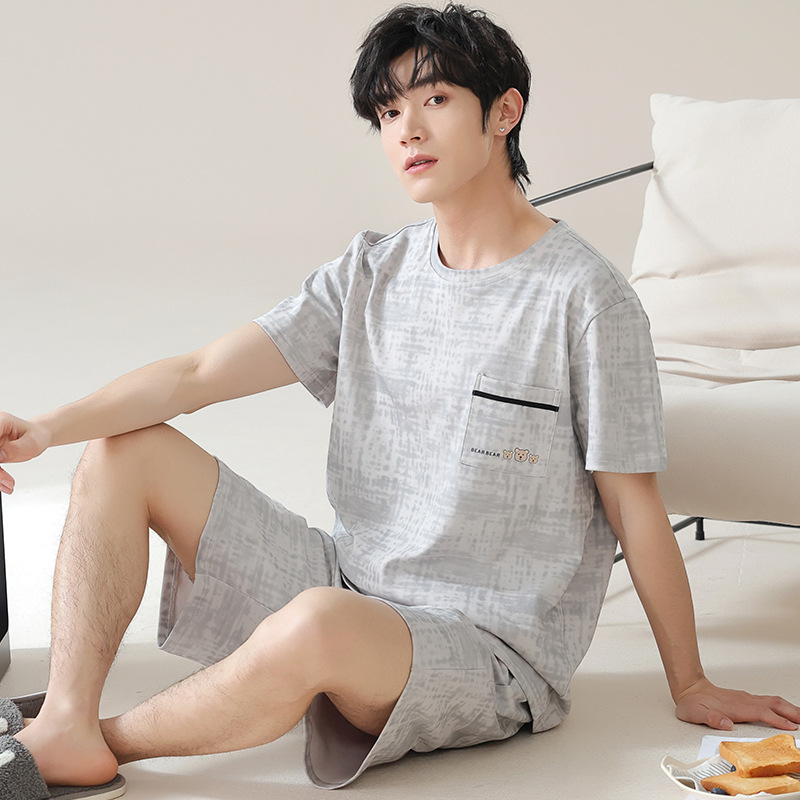 Men's Pajamas Summer Cotton Short-Sleeved Shorts Casual Youth Spring and Summer Can Be Worn outside Cotton Home Wear Set