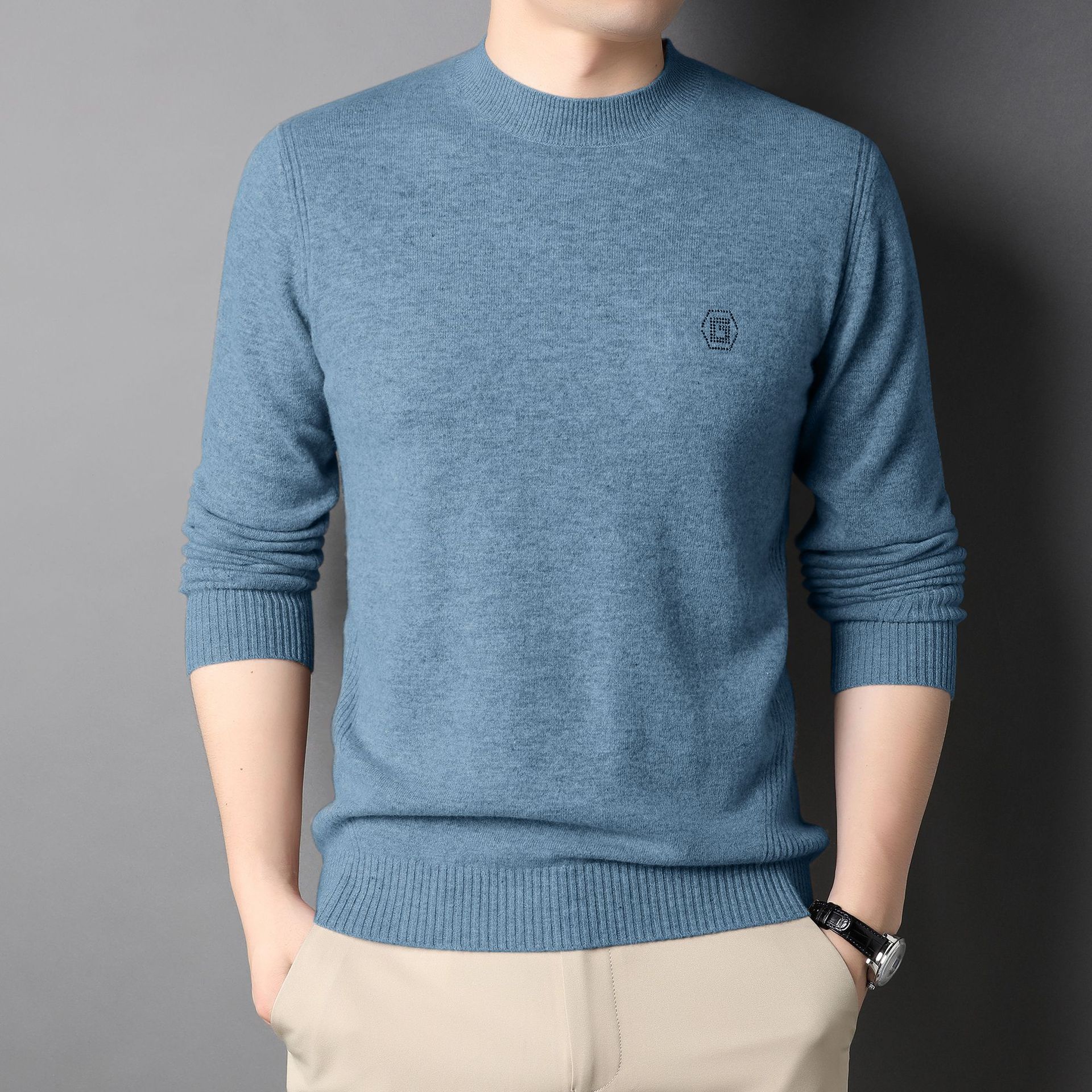 新款羊毛衫男士圆领100%纯羊毛冬季加厚高档针织毛衣打底衫中青年