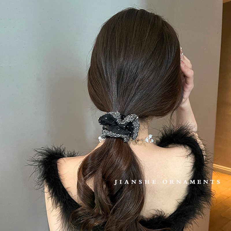 Internet Celebrity Light Luxury High-Grade Organza Rhinestone Large Intestine Ring Temperament Tie Ponytail Hair String High Elastic Rubber Headband Head Rope Hair Accessories