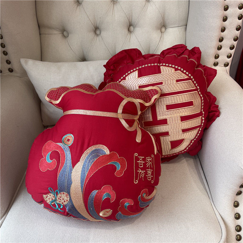 100支长绒棉福袋 大红婚庆纯棉刺绣小抱枕子孙枕喜字结婚床品
