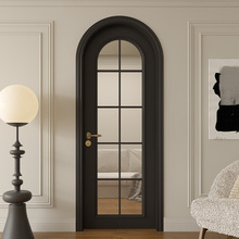 潮盛定制复古法式风黑色房间门圆弧拱形实木卧室门格条玻璃室内门